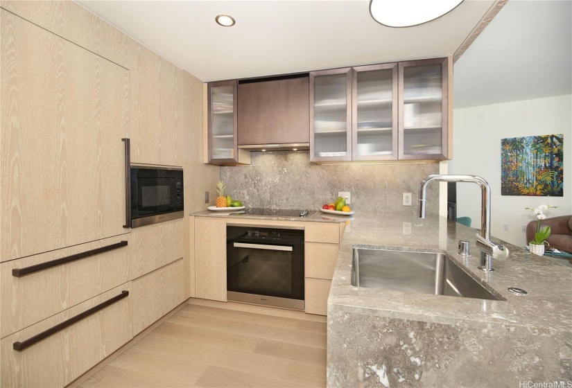 Kitchen with European appliances.