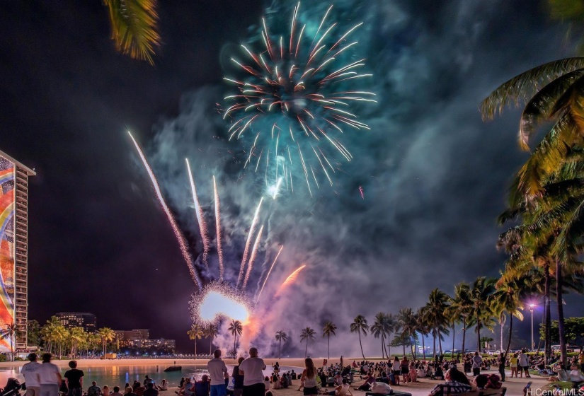 Friday Night Fireworks at the Hilton Lagoon may be seen from the Sky Terrace