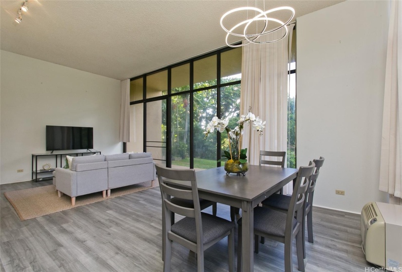 Dining space with a new contemporary chandelier