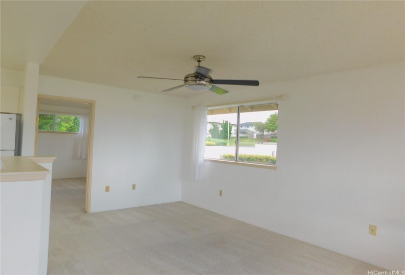 From front door through the living room to the bedroom.  Ceiling fan