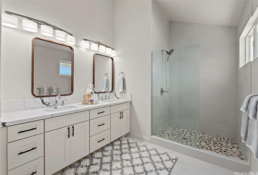 Rear residence - en suite bathroom with double-sink vanity.