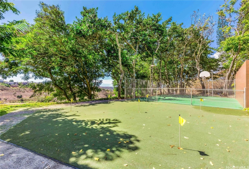 putting green, cornhole and basketball