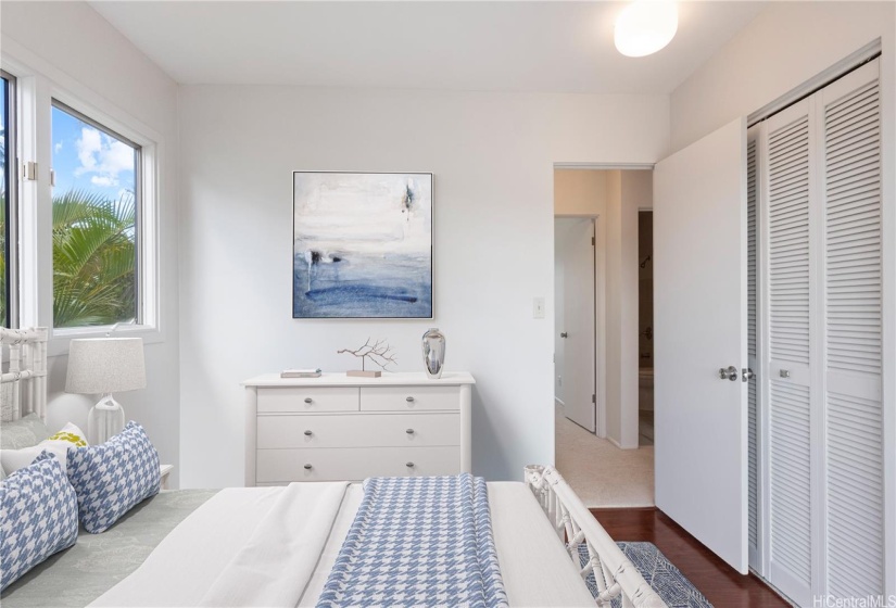 ENHANCED - Corner Bedroom 3, upstairs, wood laminate flooring, sliding door to lanai.