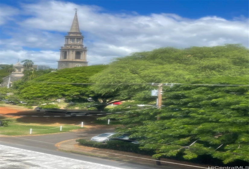 view of Central Union Church from lanai