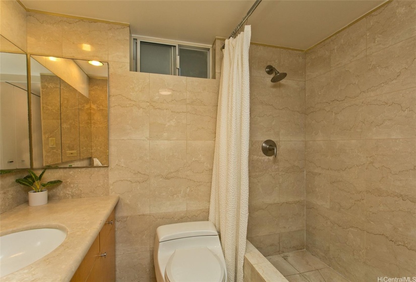 Master oversized marble tub/shower with vanity and built in medicine cabinet.