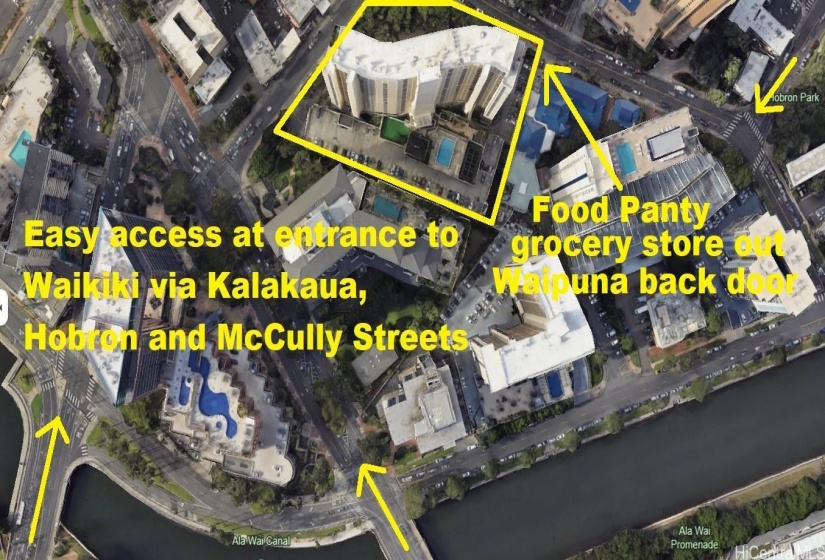 Waipuna is located in conviently located Hobron neighborhood with three access streets AND Food Pantry grocery store right out its back entrance.