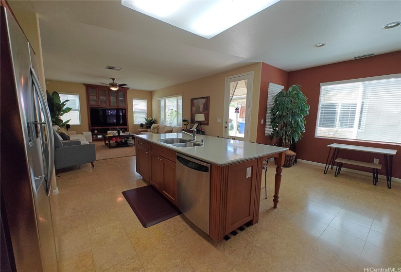 Space behind for a dining table if desired.  The door leads to the backyard and garage.