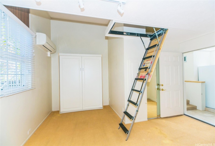 Ceiling access to large storage area in the attic and view of murphy bed when not in use.