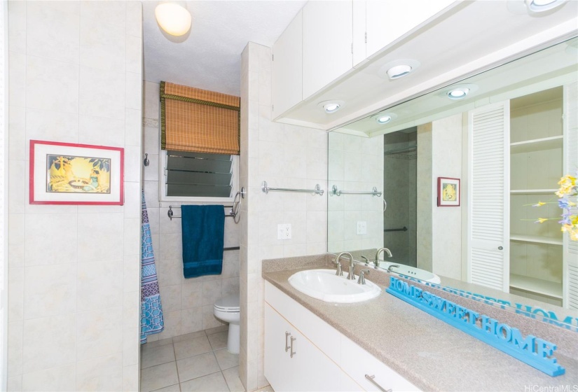 1 of 3 full bathrooms, with plenty of counter space and under counter storage plus linen closet.