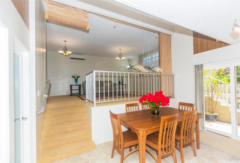 Multi level space to the den, with high ceilings for the dining room.