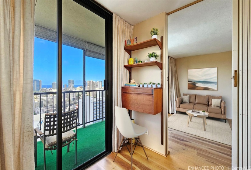 Extra bonus room. Of course, views from here too. Window on the opposite side of the balcony allows for lots of natural light and mountain views as well. Enhanced, Virtually Staged photo.