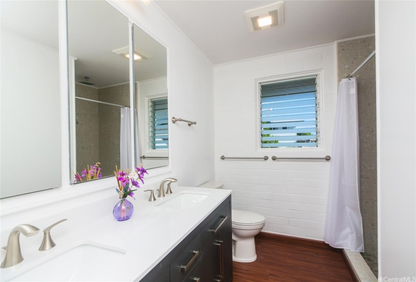 Second bathroom with dual vanities and brnad-new shower