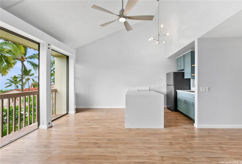 Fun sputnik light fixture and contemporary ceiling fan.