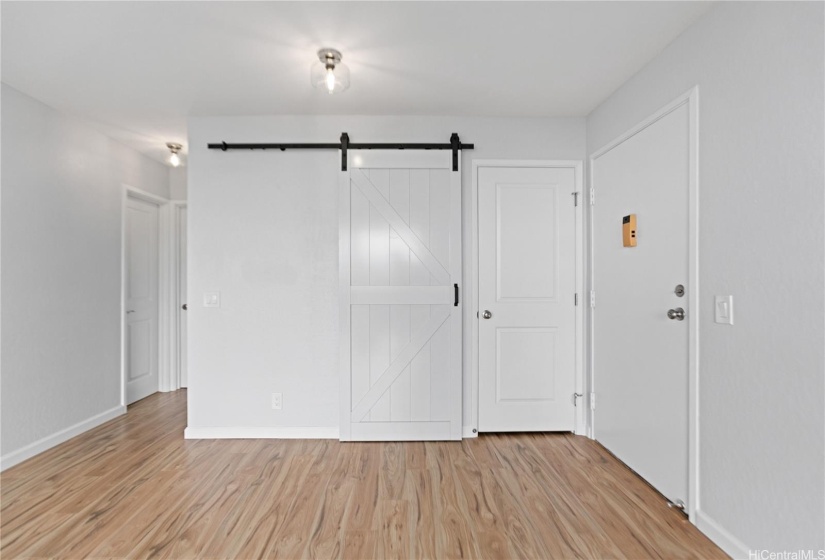 Closet barn door and extra closet with a key locking door handle.  Notice the cool shadowing from the seeded glass light fixtures.