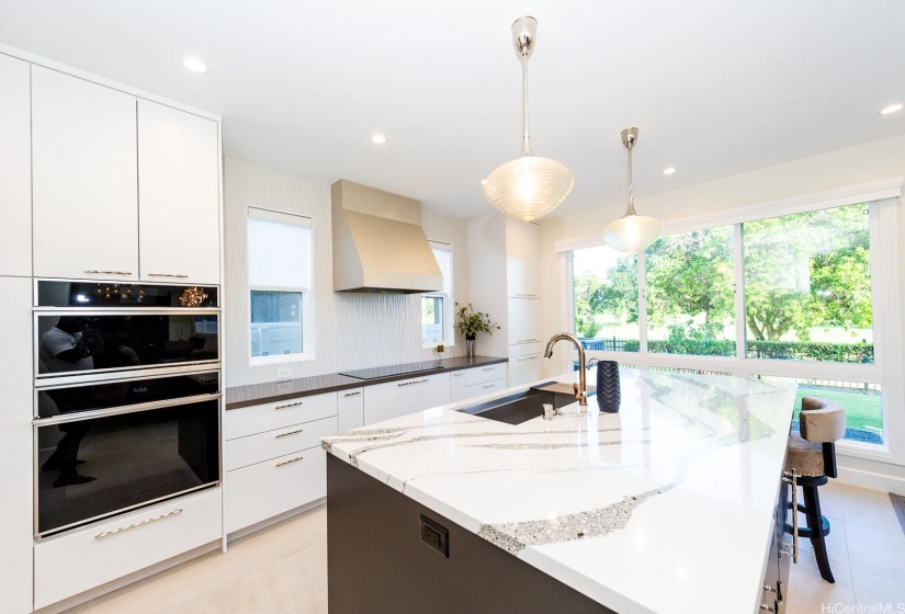 Convection oven and induction cooktop. Range also has a food warmer drawer.