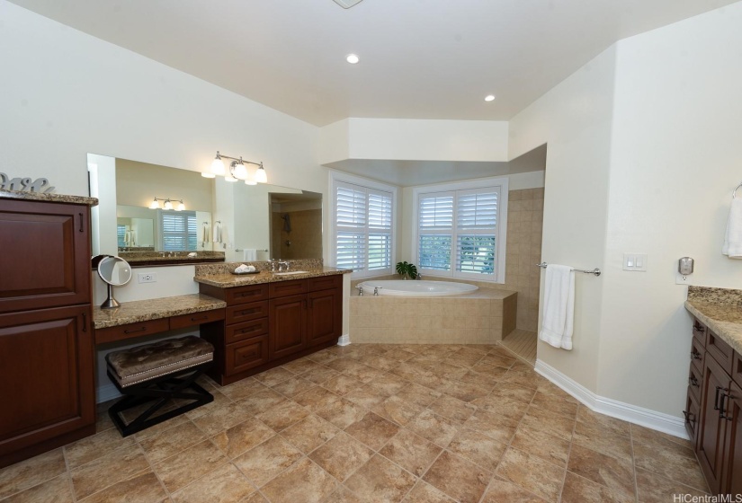 Spacious primary bath with soaking tub, huge walk in closet, private shower and dual vanities. Lots of counter and storage space.