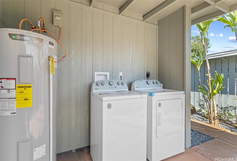 New water heater, washer, and dryer located in this outdoor space.