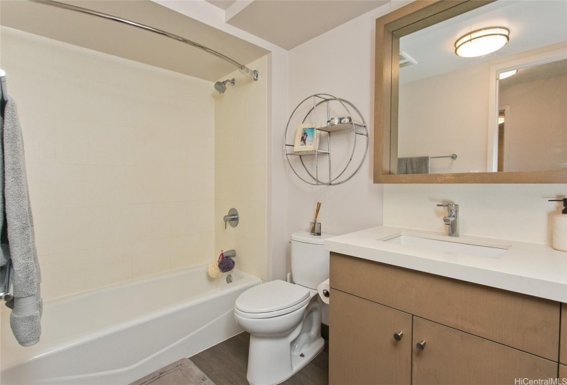 Ensuite bathroom off the master bedroom with tub shower feature and modern vanity area.