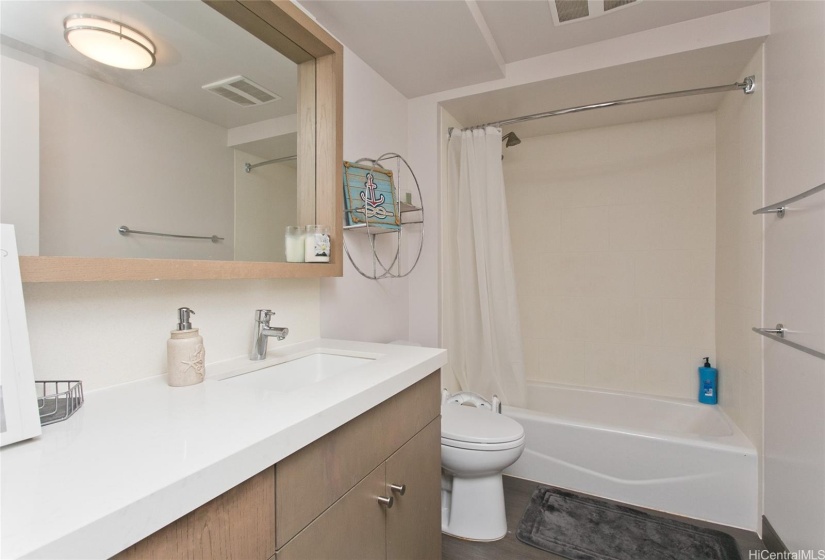 Bathroom is contemporary and modern looking and very clean and in excellent condition with tub shower combo.