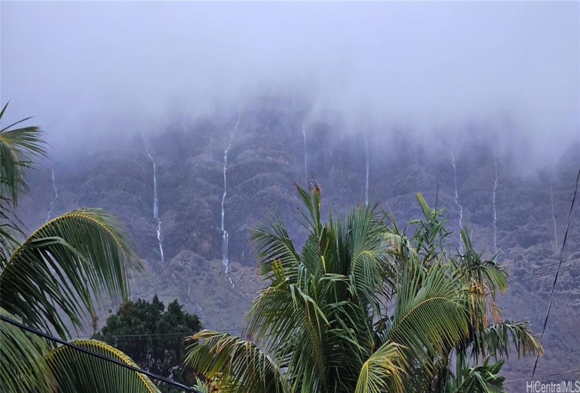 Makaha Valley waterfalls as seen from studio back deck.