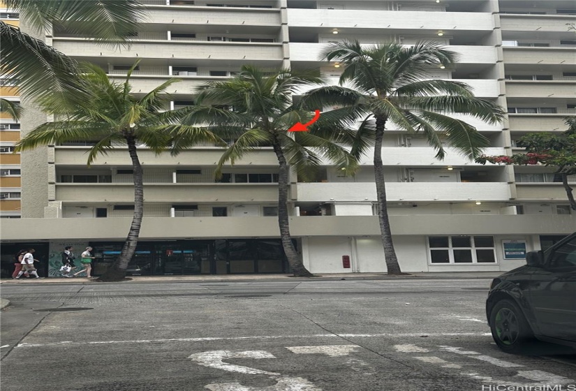 Kuhio st. View, Main entrance is on far left, Unit has a more private view from street due to trees.