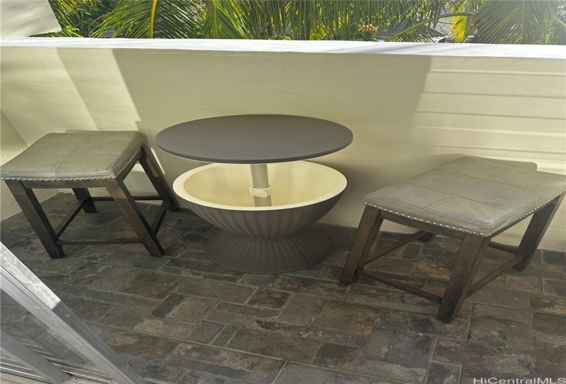 Round adjustable table/cooler, Two stools, New Tile flooring