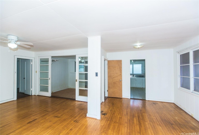 Open floor plans for bedroom, living and entry into the kitchen.