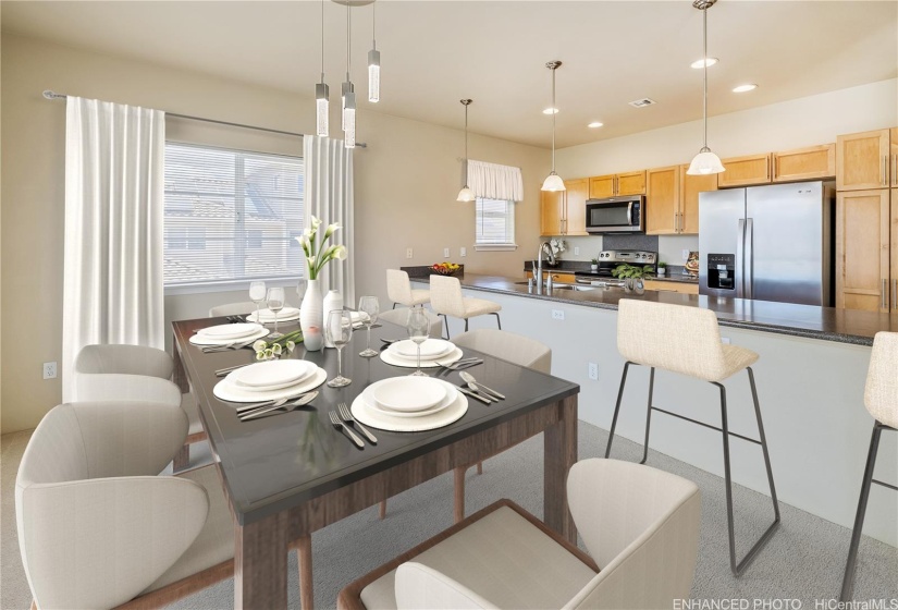 Dining room & kitchen. Virtually staged. Enhanced photo.