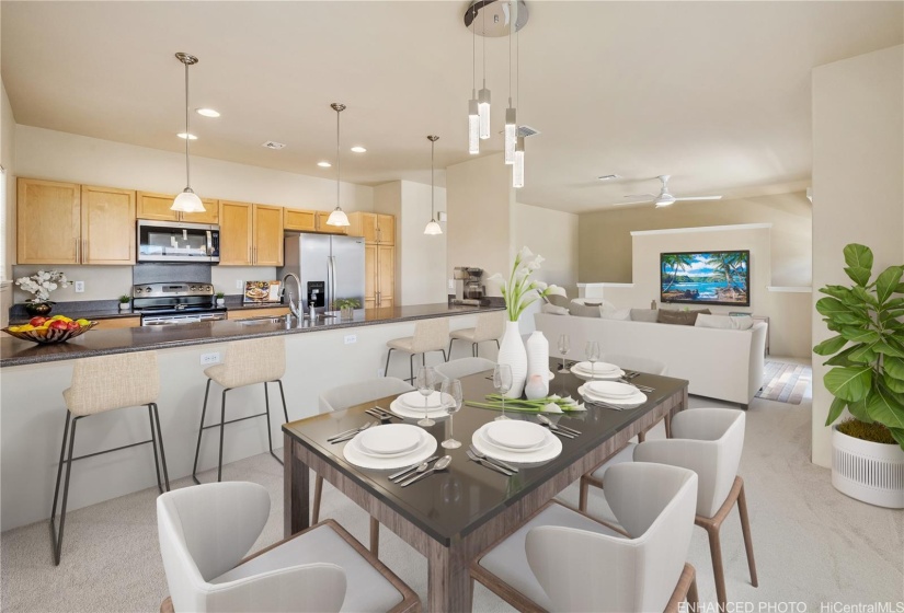 Open floor plan. Dining room/Living room/Kitchen. Virtually staged. Enhanced photo.