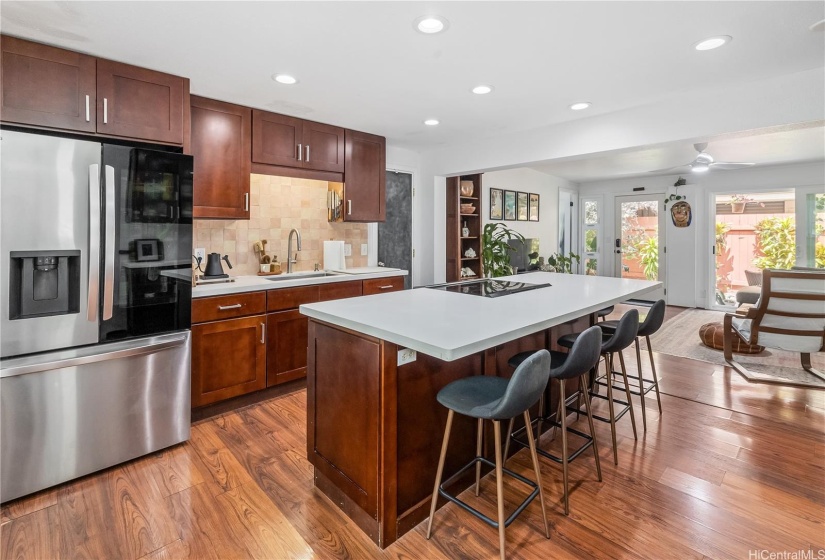 The kitchen island offers seating for casual dining.