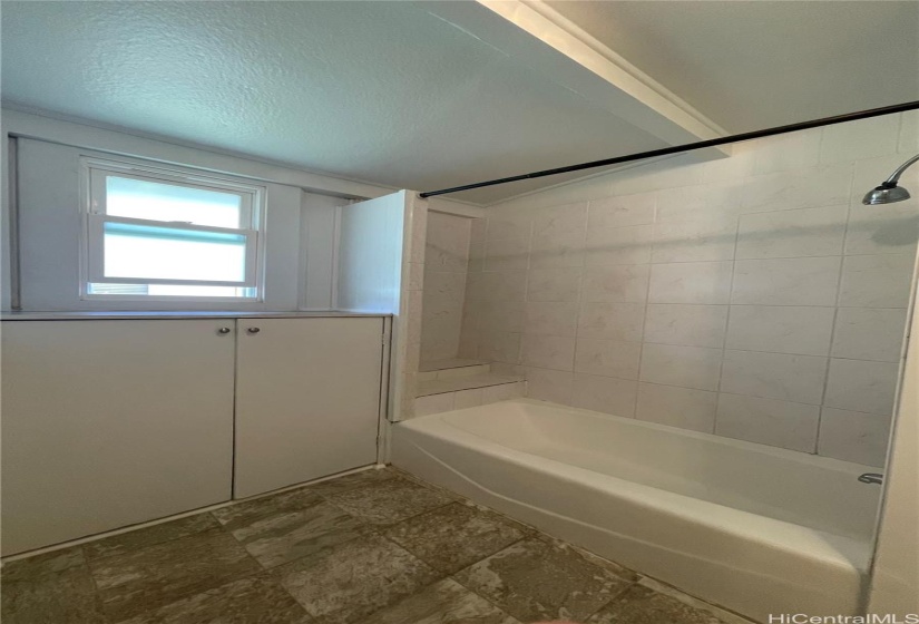 Bathroom shower with large soaking tub and storage.