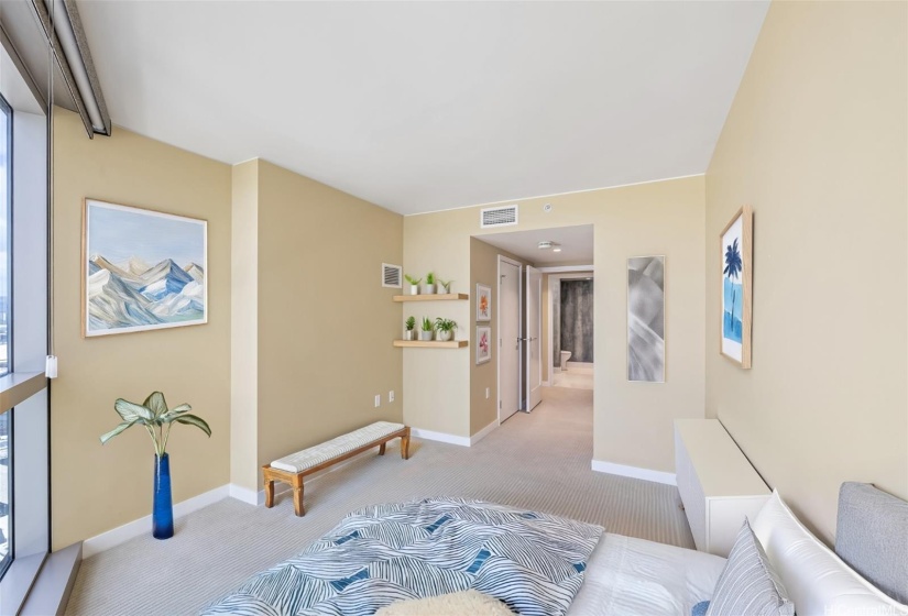 Virtually Staged 2nd Bedroom features Floor-to-Ceiling Windows to capture the light and ocean view.