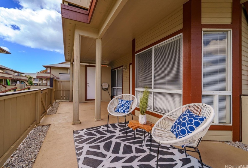 Spacious lanai with HOA approved additional storage shed