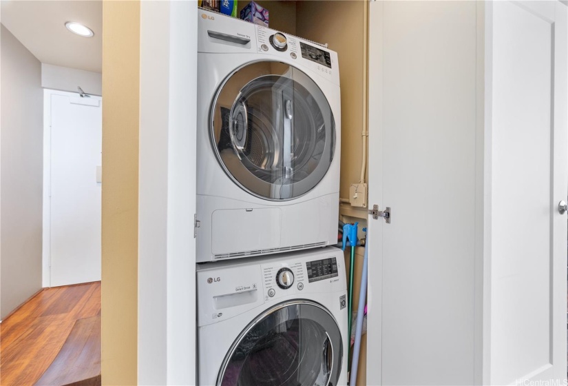 Full size front load washer and dryer.