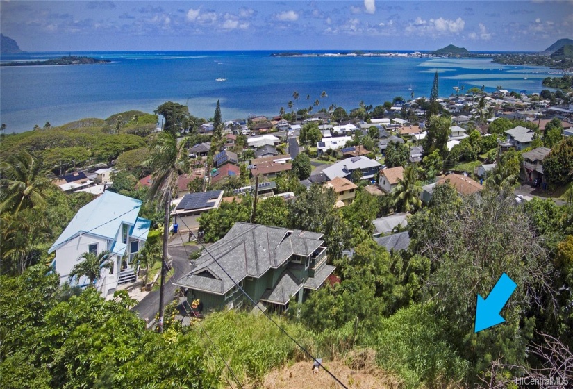 Arrow points toward bottom of lot, with view of dead end wrap around of Kokokahi Street in lower, left.