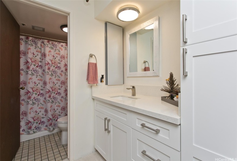 Primary bathroom with refurbished countertop and closets