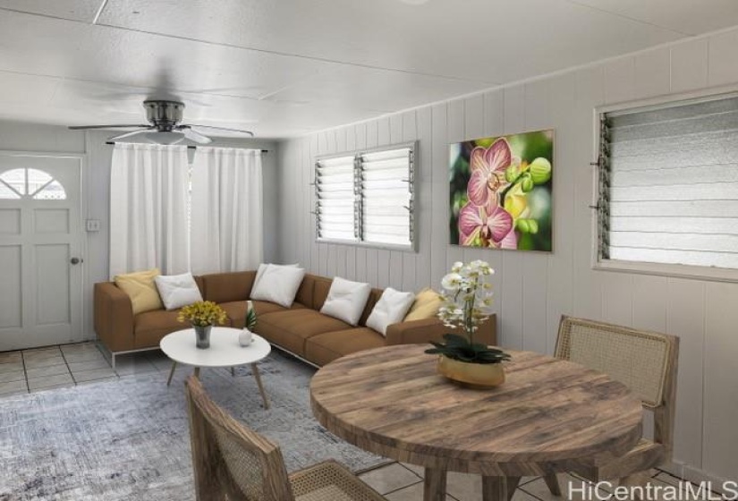 Virtually staged living room and dining area.