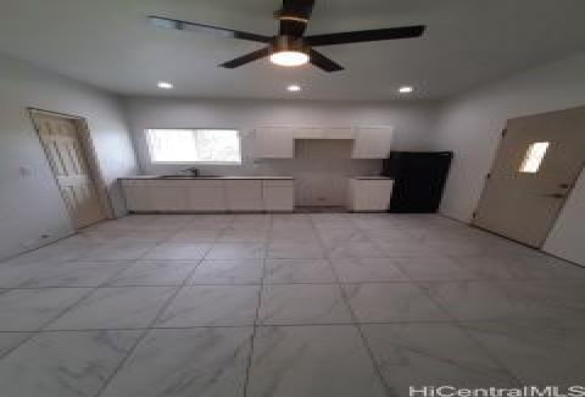 Living area and kitchen.