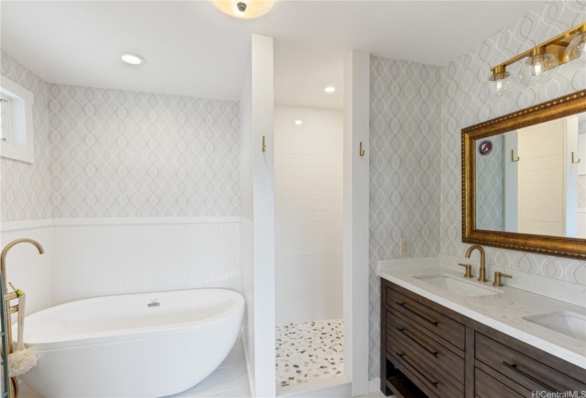 Elegant and peaceful primary bath to soak away the day