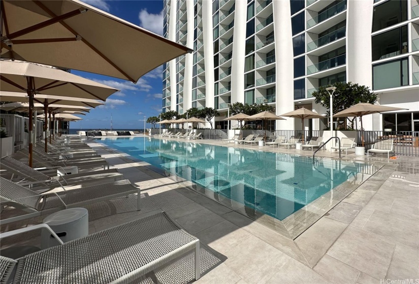 Large pool and cabana space on the amenity deck.