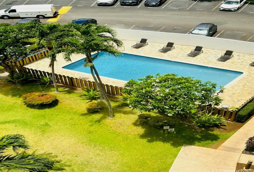 View from the balcony looking down at the pool.