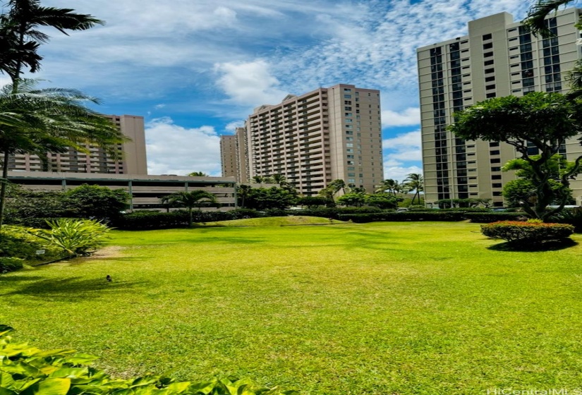 Grassy lawn with BBQ area in the corner. This is a well maintained and pet friendly bldg.