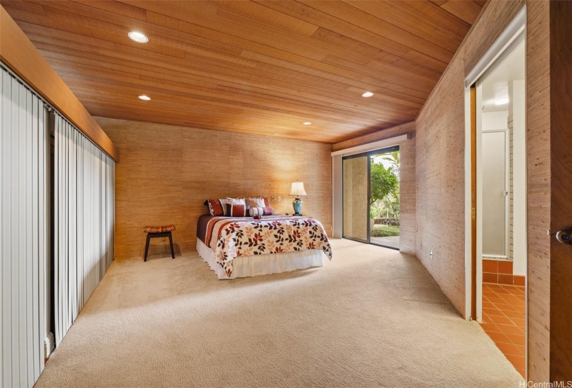 Main bedroom with slider to patio and wood deck, and entry to rear yard. Closet to the left.