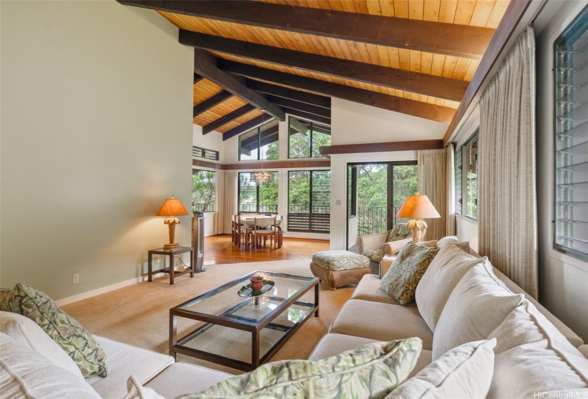 High ceiling living room and dining room area with many ways to configure furniture. Sliding door to deck area that wraps around the back of the upper level of the home.