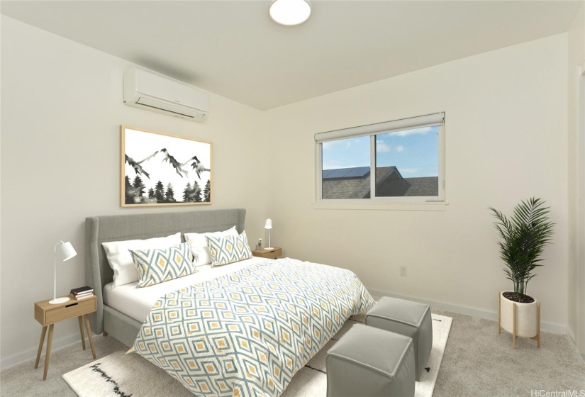 Bedroom 2, located on the second floor featuring abundant natural light as well as city views. Photo is virtually staged.