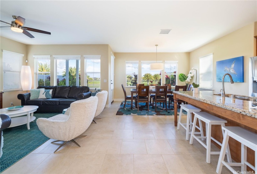 Open concept kitchen, living & dining area