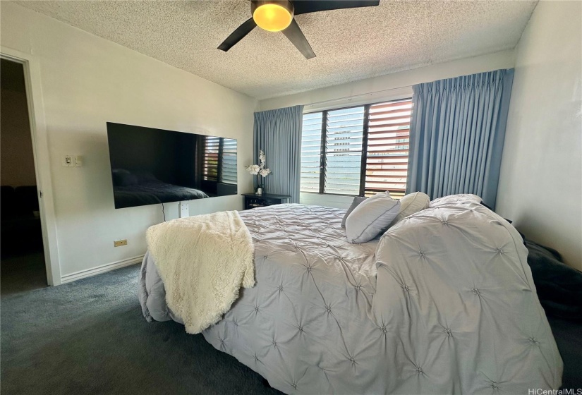 Large bedroom with window air conditioner and custom blinds.