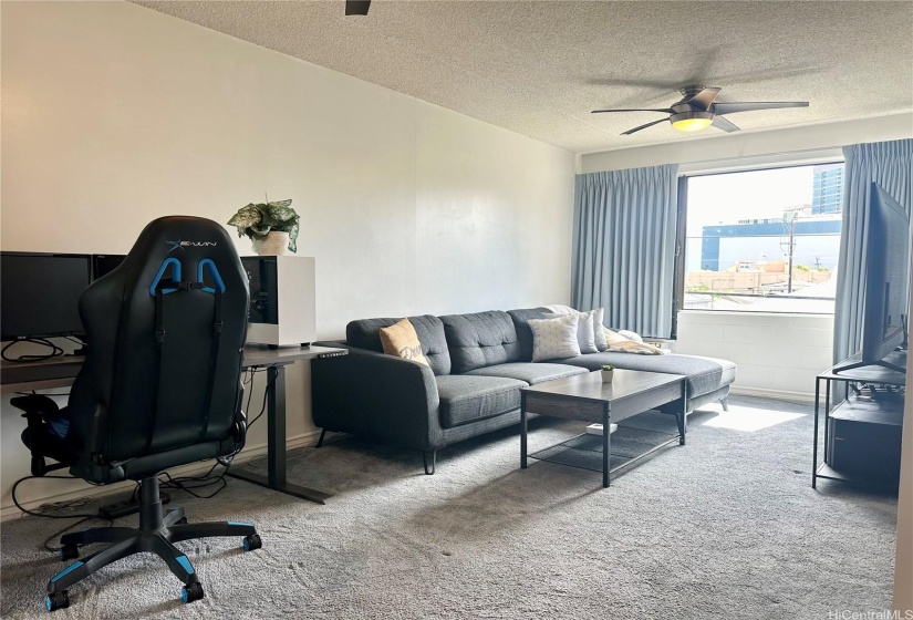 Lots of natural sunlight coming in through the large living room windows.  Wall to wall drapes are included.