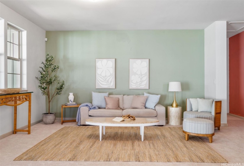 Open and airy living area with vaulted ceilings.