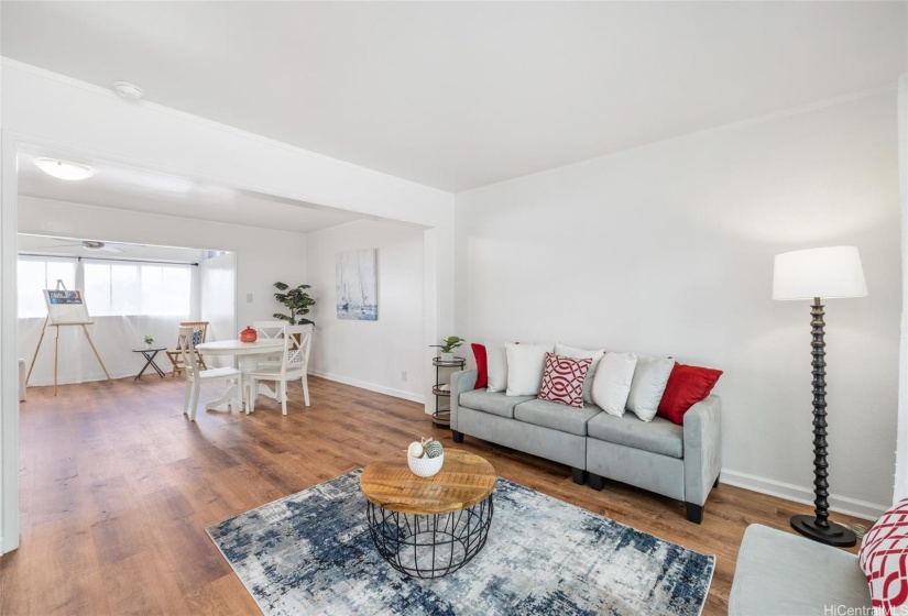 The downstairs living space has an open concept design